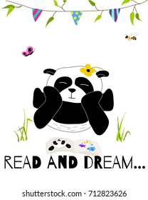 Cute and funny panda is dreaming and reading card. Doodle hand drawn style. Vector illustration.