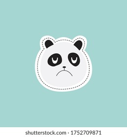 Cute funny panda face with unhappy expression - sticker design, vector illustration isolated on blue background. Cartoon character emoticon of baby panda bear.