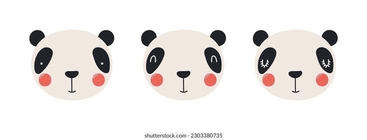 Cute lustige Panda Gesichter Illustrationen gesetzt. Handgezeichneter Cartoon-Charakter. Skandinavisches Flachdesign, einzelne Vektorgrafik. Kinderdruckelement, Plakat, Karte, Tierwelt, Natur, Babytiere