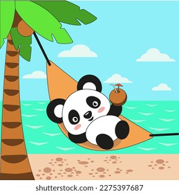 panda graciosa y agradable en una hamaca bajo palmeras con coco al fondo del dibujo del mar