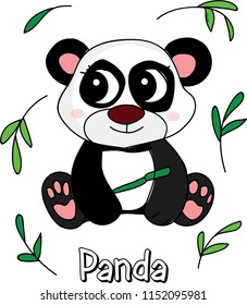 Cute, funny panda has big eyes with sketch of leafs illustration. emoji, cartoon character, sketch vector