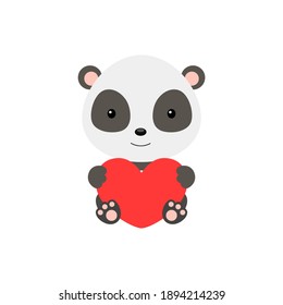 Cute funny panda with heart on white background. Cartoon animal character for congratulation with St. Valentine day, greeting card, invitation, wall decor, sticker. Colorful vector stock illustration.