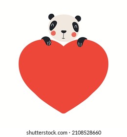 Cute funny panda holding a big heart, isolated on white. Hand drawn vector illustration. Scandinavian style flat design. Concept for kids Valentines day card, holiday print, invite, gift tag, poster.