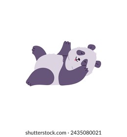 Cute funny panda lying flat style, vector illustration isolated on white background. Decorative design element, nice smiling animal, lazy character on back