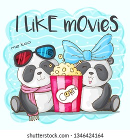 Cute and funny panda and popcorn. Doodle hand drawn style. Vector illustration. - Vector