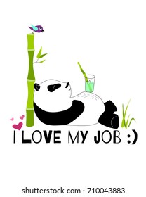 Cute and funny panda resting with cocktail near bamboo card. Doodle hand drawn style. Vector illustration.