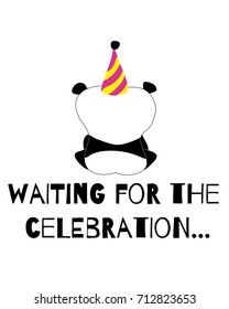 Cute and funny panda is waiting for the elebration card. Doodle hand drawn style. Vector illustration.