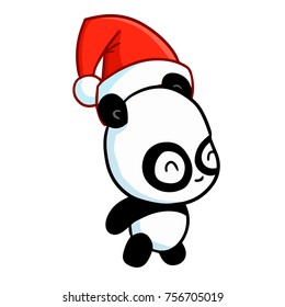 Cute and funny panda wearing Santa's hat and smiling - vector.