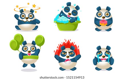 Cute Funny Pandas Characters Set, Adorable Humanized Animals in Different Situations Vector Illustration