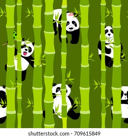 Cute and funny pandas in the green bamboo forest. Seamless pattern. Vector illustration