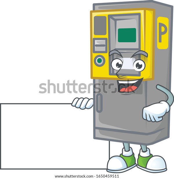 Cute funny parking ticket machine cartoon character
having a board