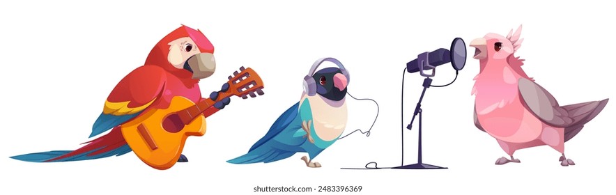 Cute funny parrot character musicians with instrument, microphone and headset for animal music band concept. Childish orchestra with birds play guitar, sing song with mic and listen to headphones.