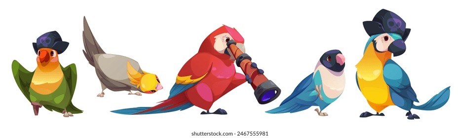 Lindos personajes divertidos de loro ambientados con aves salvajes exóticos, mascotas y mascota pirata en sombrero y con telescopio. Vector de dibujos animados de diferentes especies amistosas de animales tropicales con plumas y pico multicolores