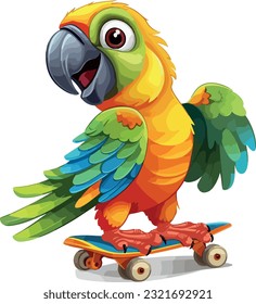 Cute and funny parrot on skate colroful vector illustration