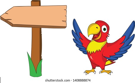 cute funny parrot presenting a banner sign arrow with open wings