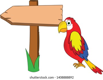 cute funny parrot presenting a banner sign arrow thinking
