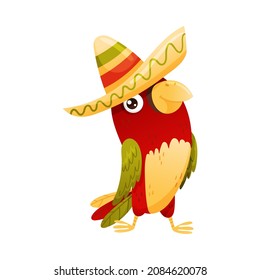 Cute funny parrot in sombrero hat. Mexican culture symbol cartoon vector illustration