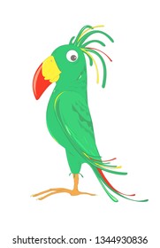Cute funny parrot standing in profile.Vector illustration. Cartoon style.  Isolated on white background.Original decorative element for a web site,children book etc.