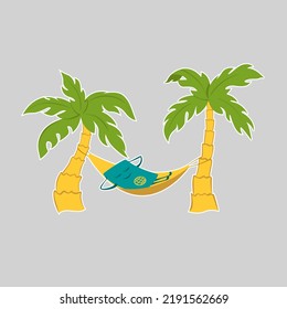 Cute and funny passport, identity document character lies in a hammock between palm trees, travelling concept, cartoon vector illustration