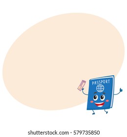 Cute and funny passport, identity document character, travelling concept, cartoon vector illustration with place for text.
