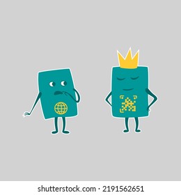 Cute and funny passports, identity document characters, travelling concept, cartoon vector illustration