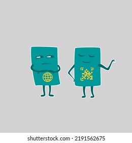 Pasaportes cortos y divertidos, personajes de documentos de identidad, concepto de viaje, ilustración de vectores de dibujos animados