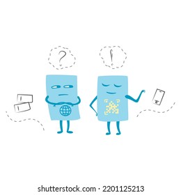 Pasaportes cortos y divertidos, personajes de documentos de identidad, concepto de viaje, ilustración de vectores de dibujos animados