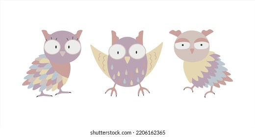 Cute funny pastel cartoon owls. Vector birds set for baby showers, birthdays and invitation designs.