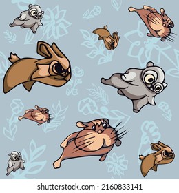 Cute and funny pattern. Animals fly on a muted background with flower and leaves. Seamless endless vector illustration. Design for paper, web, cover, fabric, t-shirt, poster, print, artwork, etc.