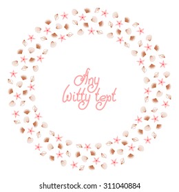 Cute funny pattern border frame with repeating sea shells, stars isolated on the transparent background. With space for invitations or different events greeting cards text. Vector illustration eps 10