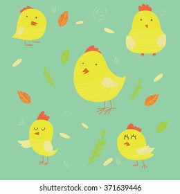 Cute funny pattern with cartoon chickens.