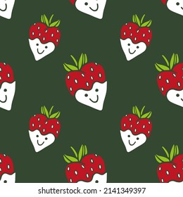 Lächelnde, lustige Muster von Cartoon Erdbeeren mit lächelndem Gesicht. Nahtlose Vektor Sommermuster mit Beeren. Handgezeichnete Illustrationen im Stil von Doodles. Einzeln. Für Textilien: Verpackungspapier.