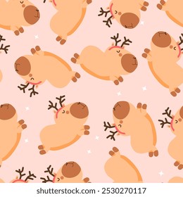 Cute funny pattern Christmas capybara in a deer costume. Isolated animal character capybara rodent. Postcard, poster, sticker for New Year Holiday seasonal decoration for design, kids collection