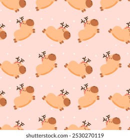 Cute funny pattern Christmas capybara in a deer costume. Isolated animal character capybara rodent. Postcard, poster, sticker for New Year Holiday seasonal decoration for design, kids collection