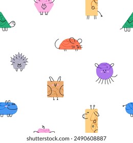 Cute funny pattern design. Seamless background, geometric shaped animals in comic kids childish style. Repeating print, texture for textile, fabric, wrapping, wallpaper. Flat vector illustration