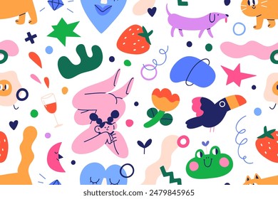 Cute funny pattern. Seamless texture design with whimsical colorful elements. Creative and playful background. Endless repeating funky print. Flat vector illustration for fabric, wrapping, wallpaper