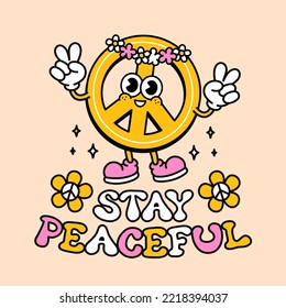 Cute funny peace sign t-shirt print design. Vector retro vintage cartoon character illustration. Funny hippie peace symbol slogan print for t-shirt,poster,sticker,logo art concept