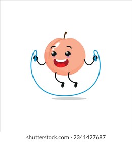 Cute and funny peach doing jumping rope. fruit doing fitness or sports exercises. Happy character working out vector illustration.
