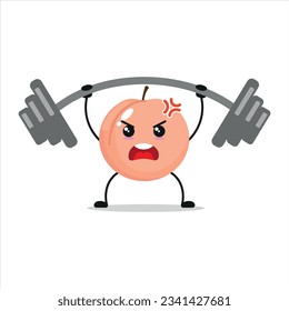Cute and funny peach doing weightlifting. fruit doing fitness or sports exercises. Happy character working out vector illustration.