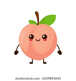 Cute funny peach fruit character. Vector cartoon kawaii character illustration