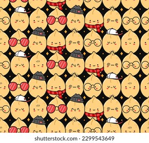 Lindo y divertido patrón de tuerca de cacahuete sin costura, papel de pared, fondo.Dibujo manual del doodle dibujado a mano del vector caricatura del logo de la ilustración del personaje kawaii. Caricatura de maní feliz kawaii concepto de arte de patrones sin fisuras
