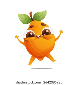 A cute and funny pear cartoon character is jumping up happily with its arms raised. The pear is orange, with leaves on top, and big, googly eyes.