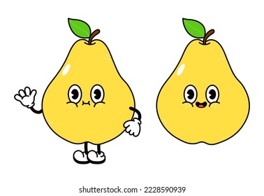 Cute funny pear character. Vector hand drawn traditional cartoon vintage, retro, kawaii character illustration icon. Isolated on white background. Pear character concept
