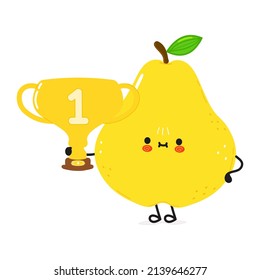 Cute jodida pera sostener la copa de trofeo de oro.Dibujo a mano del vector icono de ilustración kawaii.Aislado sobre fondo blanco. Pear con el trofeo de ganador, el concepto de emoji, niño, cara, adorable, niños