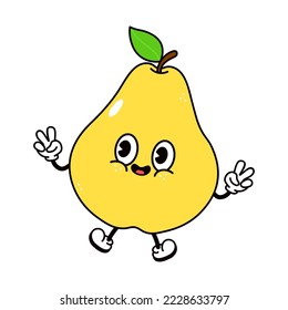 Cute funny pear jumping character. Vector hand drawn traditional cartoon vintage, retro, kawaii character illustration icon. Isolated on white background. Pear character concept