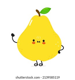 Cute funny pear waving hand character.Vector hand drawn cartoon kawaii character illustration icon. Isolated on white background. Pear character emoji,child,face,adorable,kids,cartoon,doodle,cute
