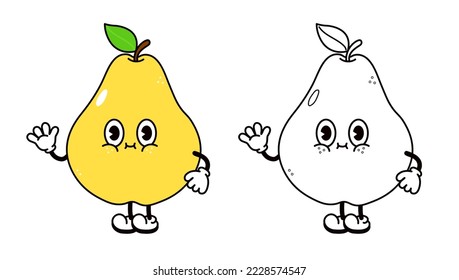 Cute funny pear waving hand character outline cartoon illustration for coloring book. Vector pear hand drawn traditional cartoon vintage, retro, character. Isolated on white background