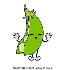 Cute funny Peas doing yoga character. Vector hand drawn traditional cartoon vintage, retro kawaii character illustration icon. Isolated white background. Peas character concept