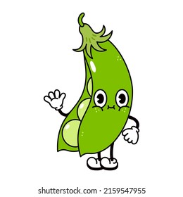 Cute funny peas waving hand character. Vector hand drawn traditional cartoon vintage, retro, kawaii character illustration icon. Isolated on white background. Happy peas pod character concept