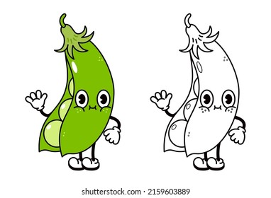 Cute funny peas waving hand character outline cartoon illustration coloring book. Vector peas hand drawn traditional cartoon vintage, retro, kawaii character illustration icon. Happy peas pod